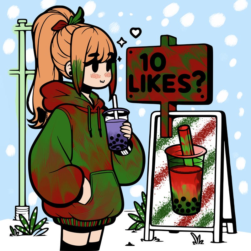 girl with oversized hoodie drinking boba and she has a high ponytail with a sign that says 10likes?