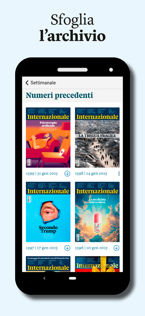 Internazionale - アプリアーカイブに、Internazionaleの過去の雑誌号のコレクションが表示されているスマートフォンの画面。