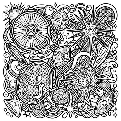 Explore the wonders of microscopic marine life transformed into a dynamic Pop Art masterpiece. This unique coloring page brings phytoplankton to life with bold outlines and captivating patterns, ready for your creative touch.