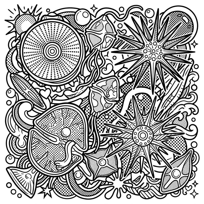 Explore the wonders of microscopic marine life transformed into a dynamic Pop Art masterpiece. This unique coloring page brings phytoplankton to life with bold outlines and captivating patterns, ready for your creative touch.