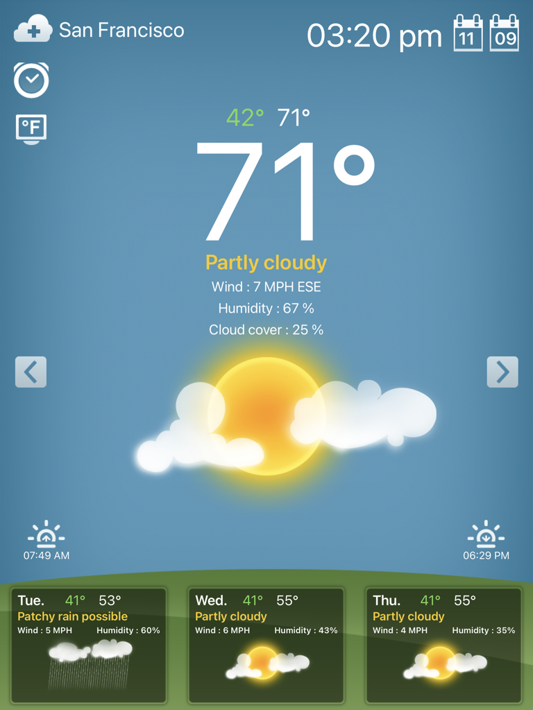 Weather for iPad! - Weather for iPad app interface showing a 71 degree forecast in San Francisco with stylish weather icons and a three day outlook