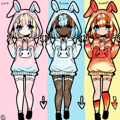 splits into 4 parts cute anime girl with bunny sweatshirt