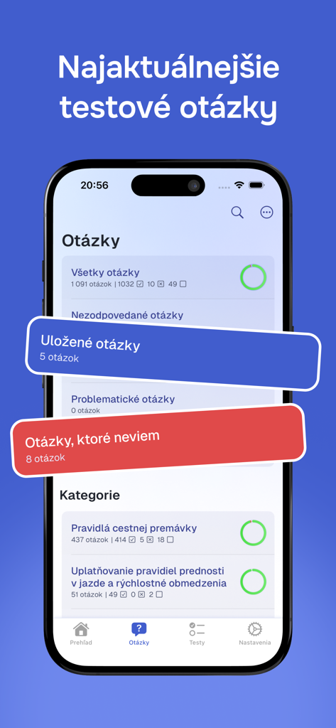 Autoškola - 2026 (SK) - Interfaz de la aplicación de autoescuela de Eslovaquia mostrando categorías de preguntas de examen y progreso.