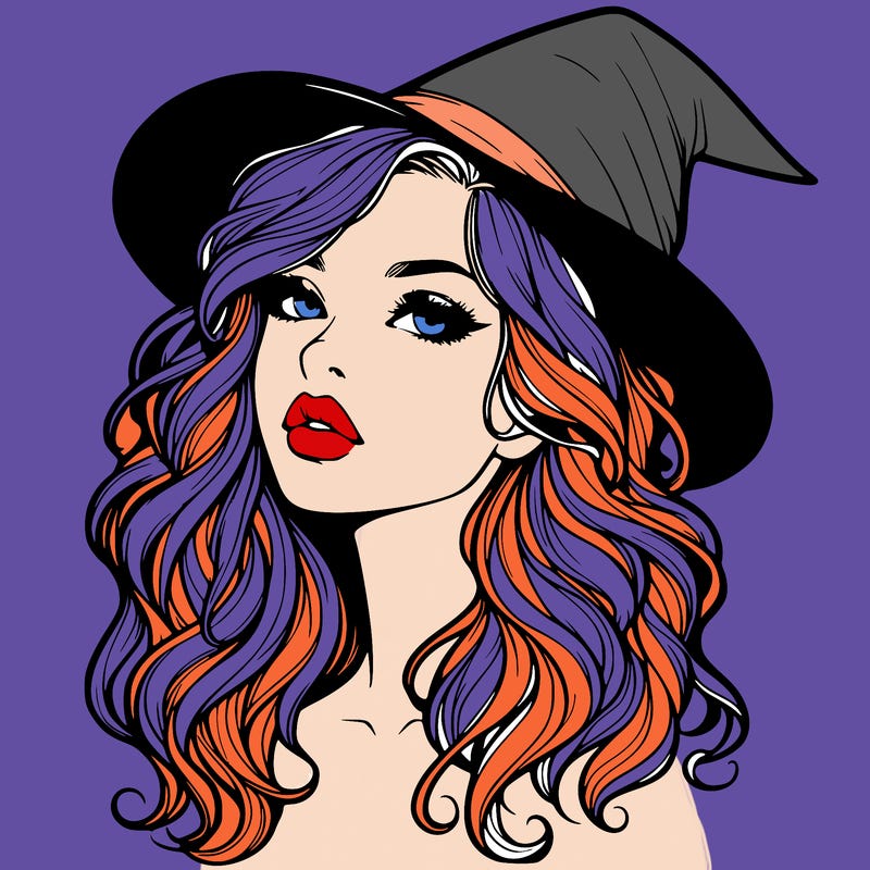 realistic witch girl with wavy hair and lips