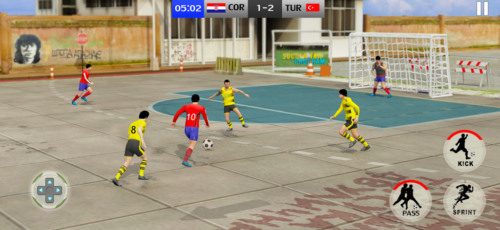 Street Soccer Cup 2026 - Un partido de fútbol callejero en una cancha urbana mostrando controles en pantalla para patada, pase y sprint