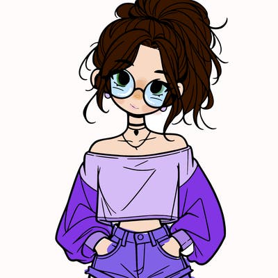 girl with a messy ponytail glasses a baggy crop top and jean shorts