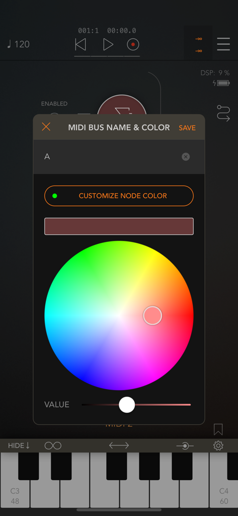 AUM - Audio Mixer - Interfaccia di personalizzazione del nome e del colore del bus MIDI di AUM Audio Mixer