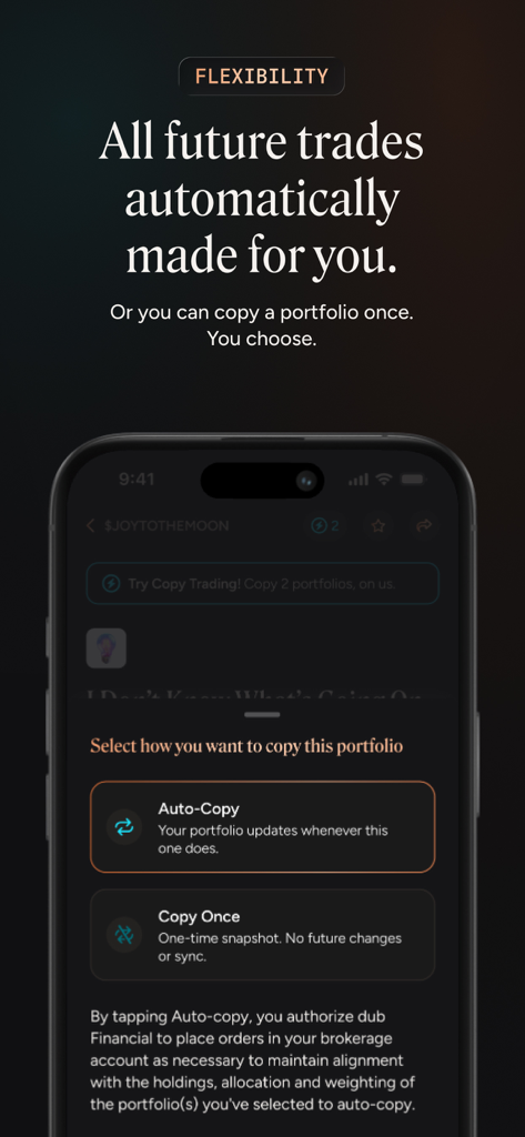 dub | Copy Trade Anyone - A mobile interface for the dub app showing options to choose between Auto-Copy and Copy Once for investment portfolios.