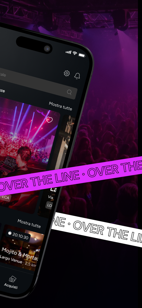 L'app Queue su smartphone mostra un elenco di eventi notturni e opzioni di ordinazione bevande in modalità scura.