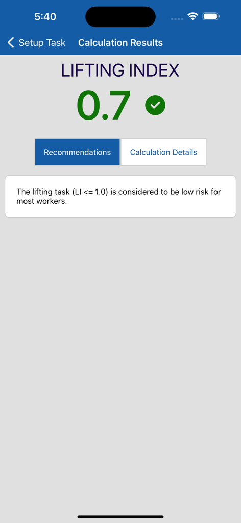 NLE Calc - NLE Calc app screenshot showing a low risk lifting index result of 0.7