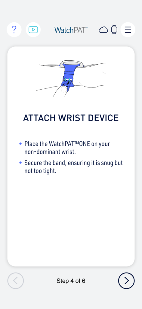 Instructional screen from the WatchPAT app showing how to attach the wrist device for a home sleep test