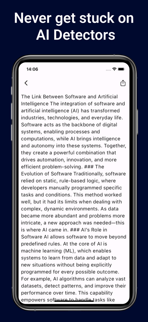 Smartphone screen showing the Humanize AI app with text converted to bypass AI detectors