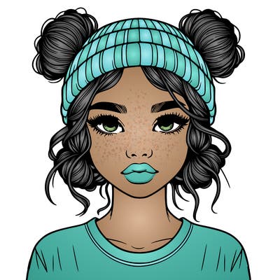 realistic girl with buns in her hair with a beanie on