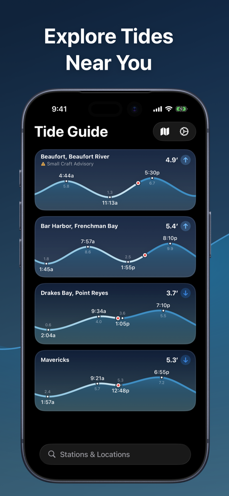 Tide Guide: Charts & Tables - iPhone screen showing the Tide Guide app with wave charts and tide levels for multiple coastal locations.
