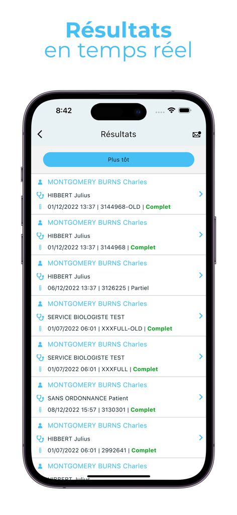 Smartphone screen displaying a list of medical test results with dates and status in the MYLAB app