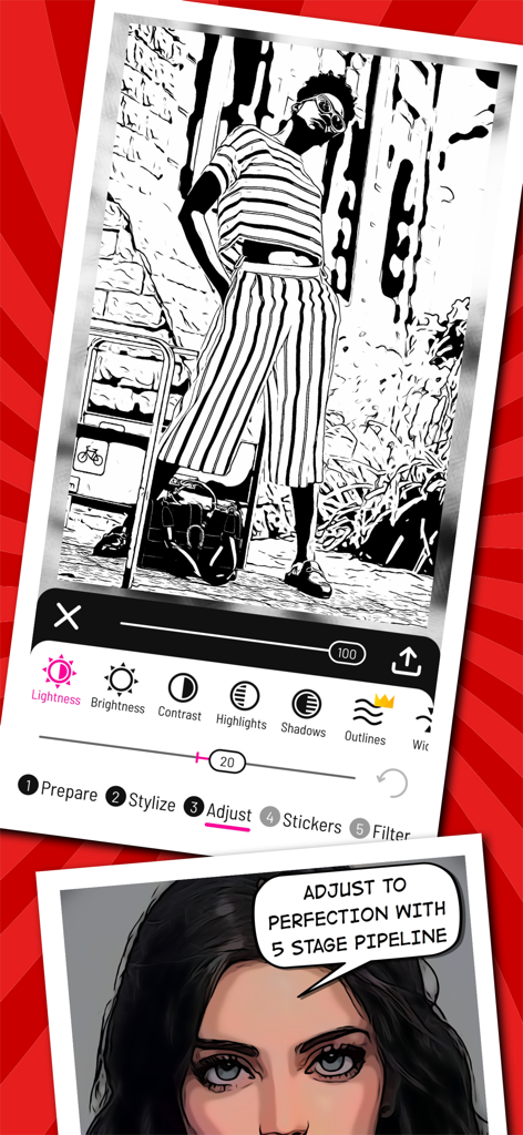 Toonita: Cartoon & Comic Maker - A mobile interface for the Toonita app showing a black and white comic-style photo edit and adjustment controls like brightness and contrast.