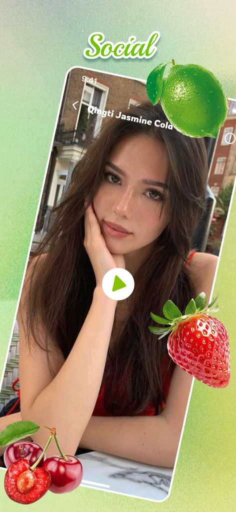 Jooka - Adult Chat & Discover - Una interfaz de intercambio de videos sociales dentro de la aplicación Jooka que muestra un perfil de usuario e ilustraciones flotantes de frutas como lima y fresa.