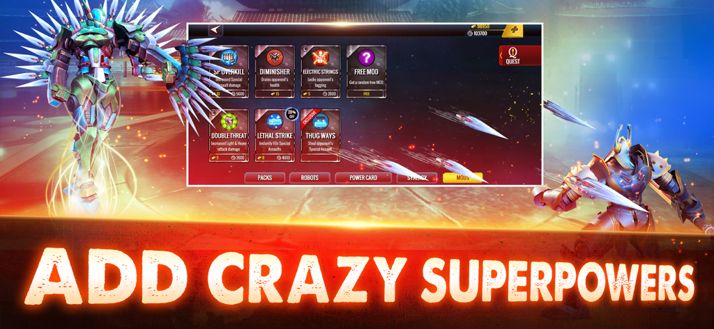 Ultimate Robot Fighting - Écran de menu d'Ultimate Robot Fighting affichant les modifications et les superpouvoirs des robots