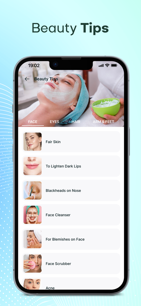 Beauty Scanner - Face Analyzer - Interface of the Beauty Scanner app displaying a list of skincare tips for the face including acne and blemish care.