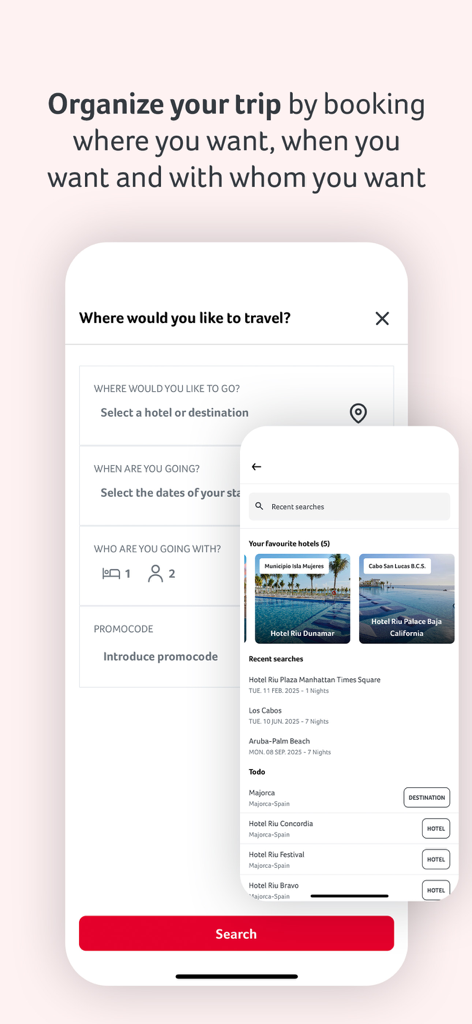 RIU Hotels & Resorts - RIU Hotelsアプリのバケーションステイの検索と予約のためのモバイルインターフェース