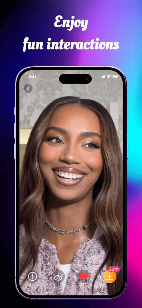Wallio: Warm & Links - A mobile app screen showing a smiling woman as a wallpaper with interactive icons for liking and downloading