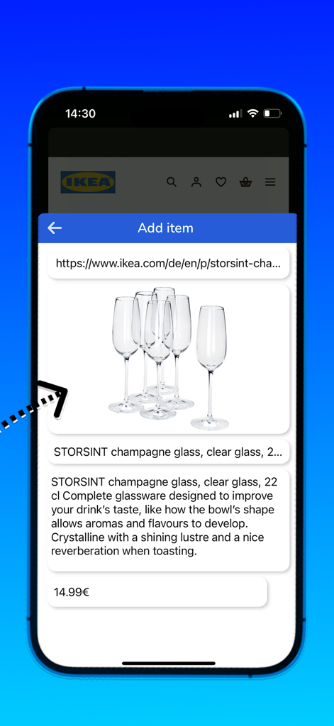 Smartphone screen showing the Share a Wish app adding a product from an IKEA link with image and price