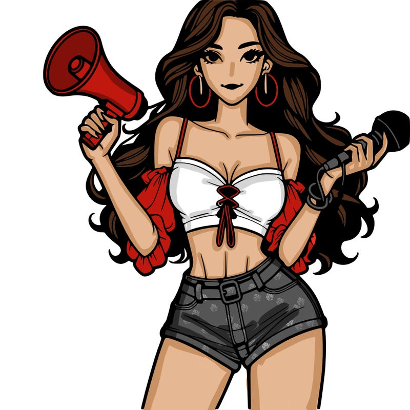 21 year old brunette woman. in a white croptop. silver shortie shorts. holding a megaphone and a microphone