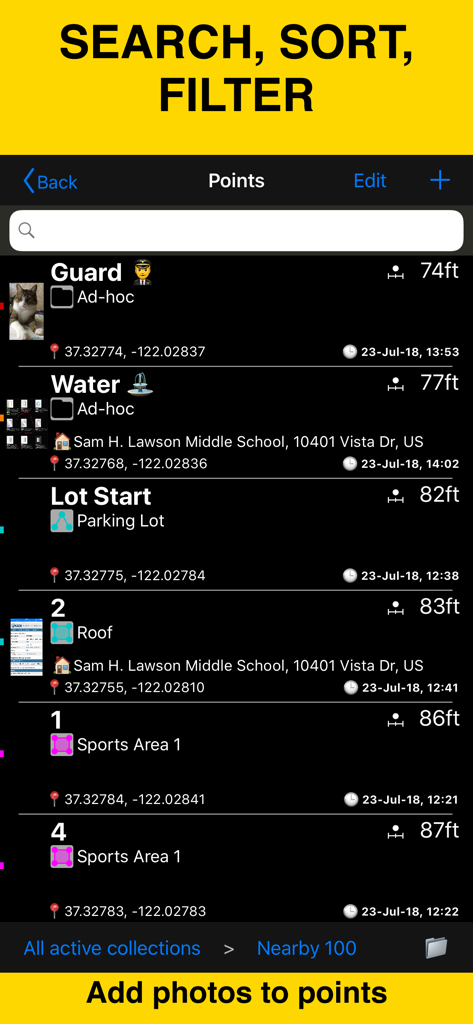 Planimeter 55 app screen showing a list of mapped points with coordinates, distances, and attached photos for field data management.