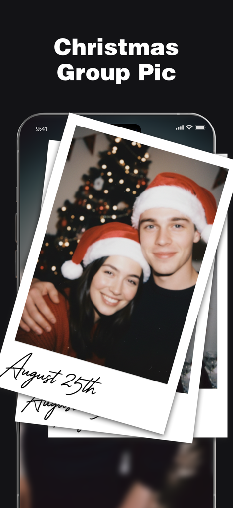 PixMuse: AI Photo Editor - A group photo of a couple in Santa hats with a vintage polaroid filter using PixMuse AI