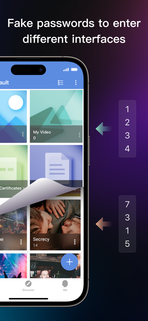 GalleryVault -Hide Photo Video - GalleryVault app interface showing how fake passwords provide access to different hidden photo folders