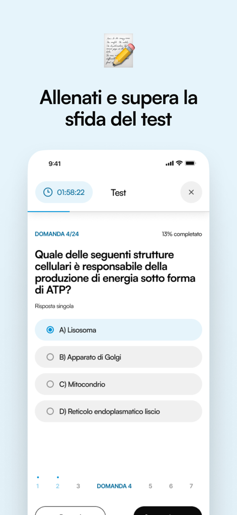 CampusHub: corsi eventi e test - A screenshot of the CampusHub app showing a biology entrance exam simulation with a multiple-choice question.