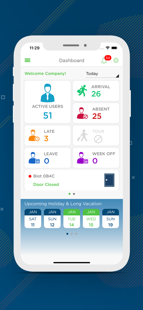 Spectra Biot App - Spectra Biot app dashboard with real-time employee attendance metrics and upcoming holiday calendar