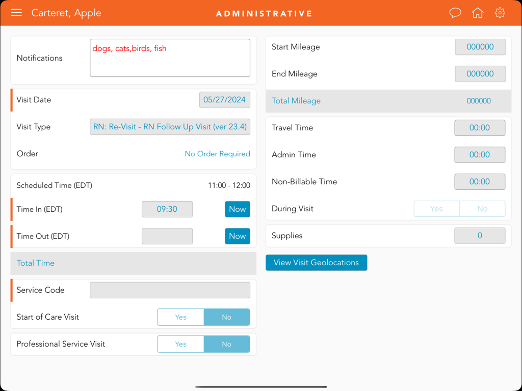 MatrixCare Clinical app interface showing visit documentation including time and mileage tracking for a home health nurse