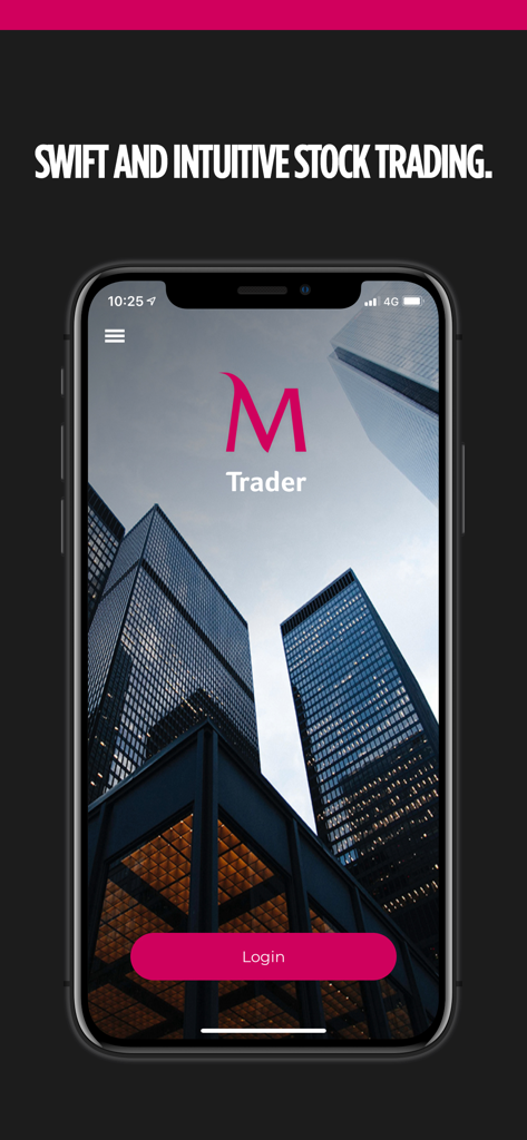 MTrader - Pantalla de inicio de sesión de la aplicación móvil MTrader para operaciones bursátiles rápidas e intuitivas con un fondo moderno de rascacielos