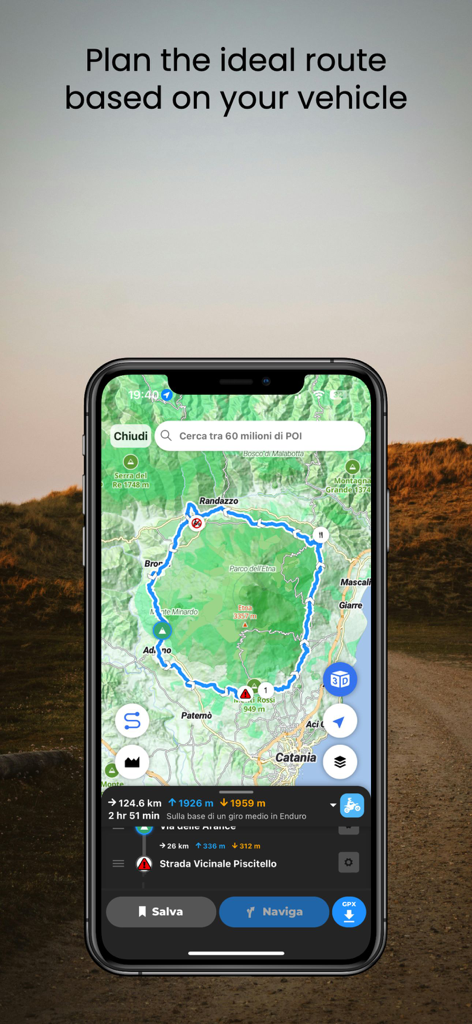 WHIP LIVE Moto, Bike, Trekking - Interface du planificateur d'itinéraires WHIP LIVE pour planifier des itinéraires en plein air en fonction du type de véhicule.