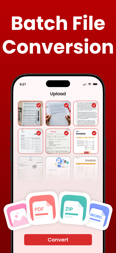 여러 선택된 문서와 변환 버튼이 있는 일괄 파일 변환 기능을 보여주는 모바일 앱 화면