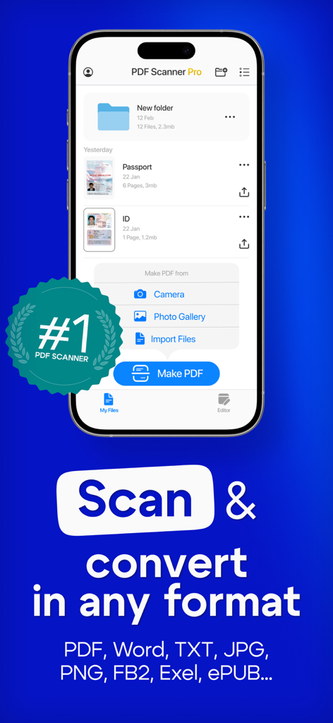Pantalla de la aplicación PDF Scanner AI mostrando las funciones de escaneo y conversión de documentos