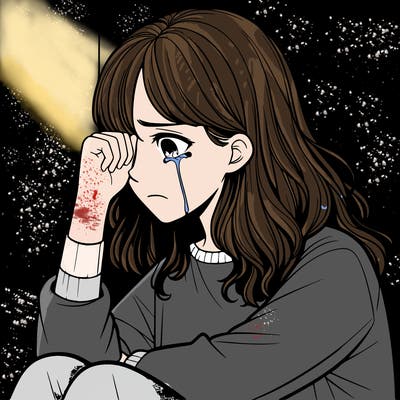 realistic girl crying in a corner