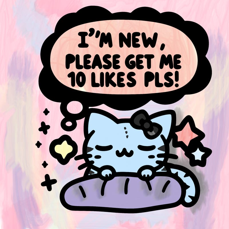 kitty taking a nap dream talking and saying "i'm new, please get me at least 10 likes pls!!"