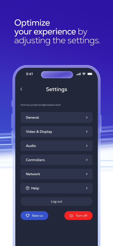 Menu de configurações do aplicativo Shadow PC mostrando opções de configuração para vídeo, áudio e controles