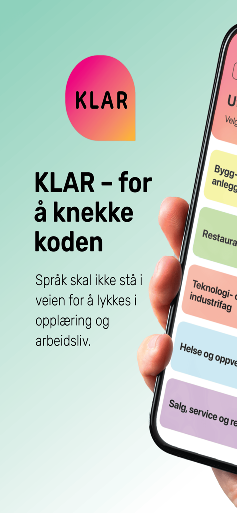 KLAR - A smartphone displaying the KLAR app interface with various vocational language training categories like construction and health.