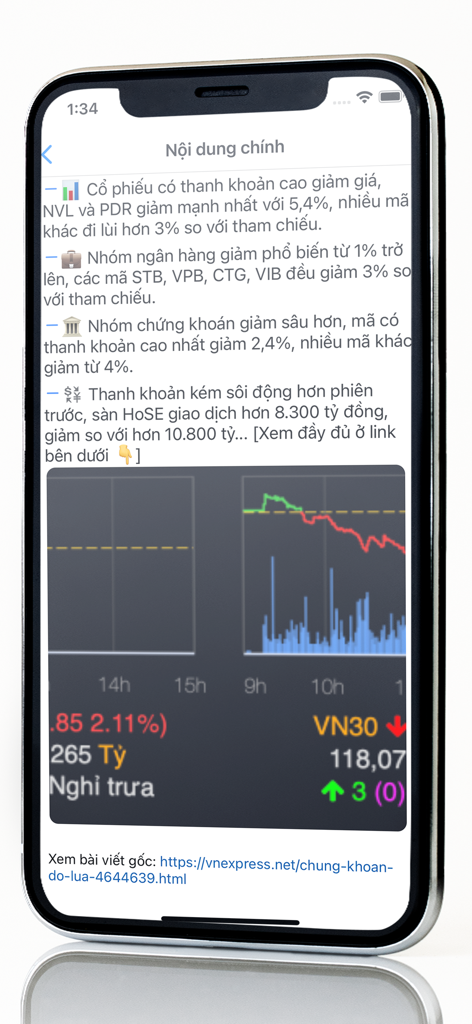 Báo Nhanh - Đọc báo siêu nhanh - Báo Nhanh app interface showing a summarized Vietnamese news article about stock market performance with accompanying data charts.