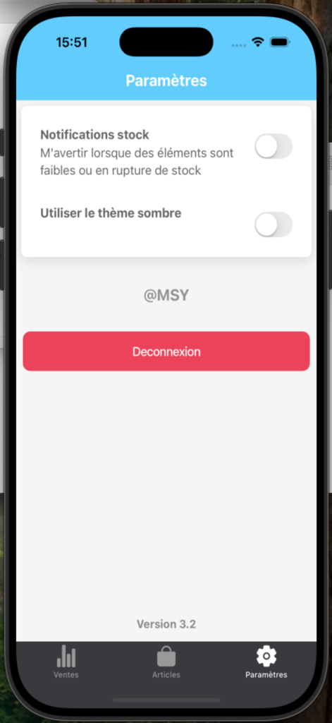 Gesta+ Tableau de bord - Pantalla de configuración de la aplicación Gesta plus que muestra interruptores para notificaciones de stock y modo oscuro