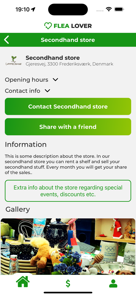 Flea Lover - Mobile app screen showing a secondhand shop profile with contact buttons information and a gallery of items