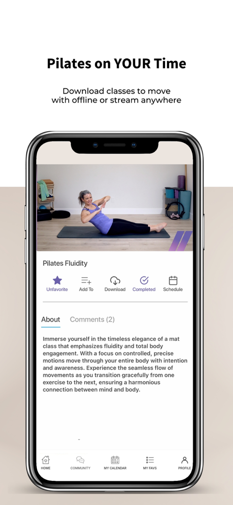 Trifecta Pilates - Trifecta Pilates app interface showing a mat Pilates class with a woman exercising and options to download or schedule workouts