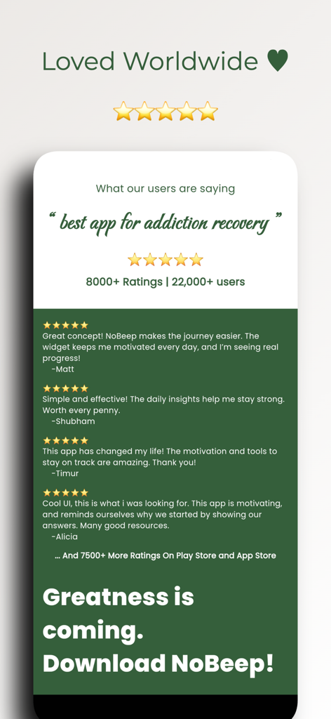 Reseñas y calificaciones de usuarios para la aplicación de recuperación de adicciones NoBeep que muestran prueba social y testimonios.