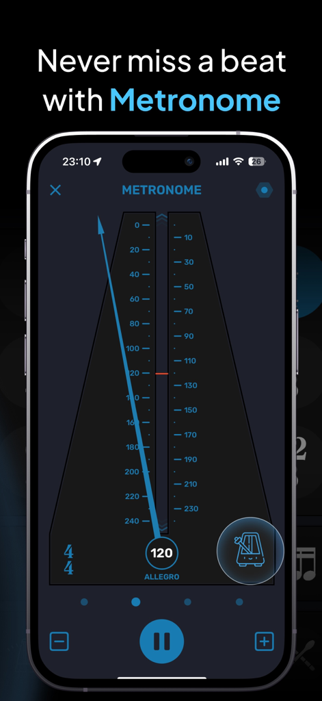 SoundBase ° Music Hearmark - Un metrónomo visual en la app de música SoundBase configurado a 120 BPM Allegro
