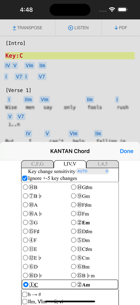 KANTAN Chord - Extension Safari KANTAN Chord convertissant les accords de chanson en degrés de chiffres romains sur un iPhone.