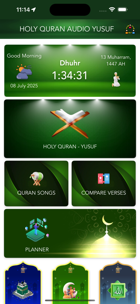 Haupt-Dashboard der Heiliger Koran Audio Yusuf App mit Gebetszeiten und Navigationsoptionen.