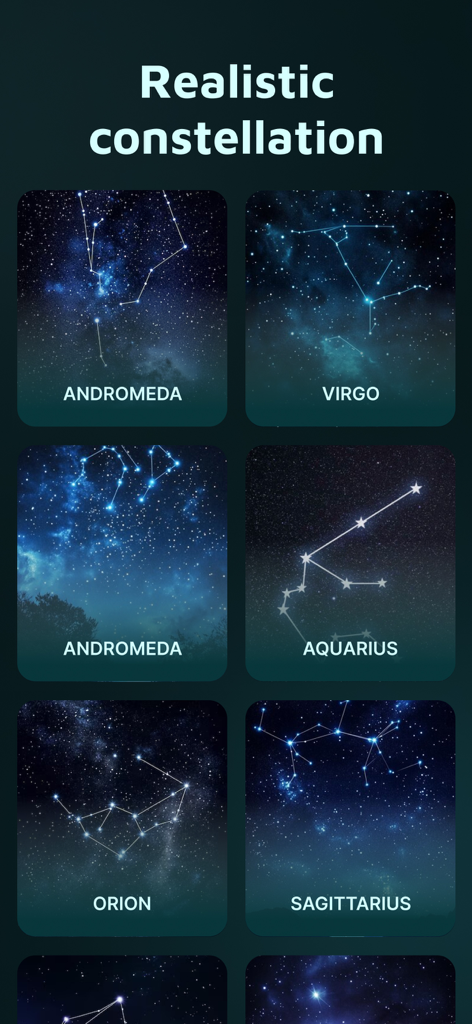 Una cuadrícula de tarjetas que muestran constelaciones estelares realistas como Andrómeda, Virgo y Orión contra un cielo nocturno oscuro.